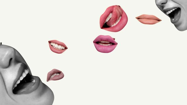 Female lips, mouth expressing positive emotions, talking, spreading news on light background. Modern colorful design. Stop motion, animation. Concept of creativity, inspiration, surrealism