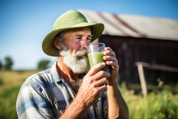 Fototapeta premium farmer sipping iced matcha tea during a break