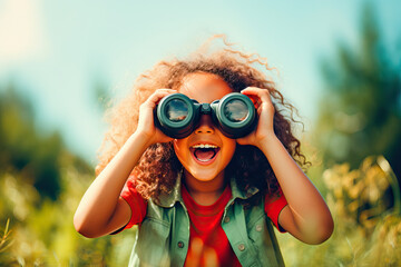 Little girl looking through binoculars on a field trip