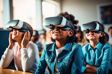 Children in a school class studying with virtual glasses - obrazy, fototapety, plakaty