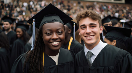 Happy male and female students in graduation hats and gowns against the backdrop of the graduation ceremony.