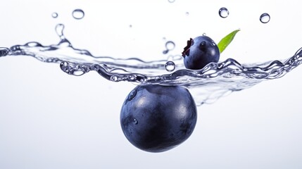 Close-up of a vibrant blueberry in mid-air, suspended against a pristine white background, captured with high-definition precision - Powered by Adobe