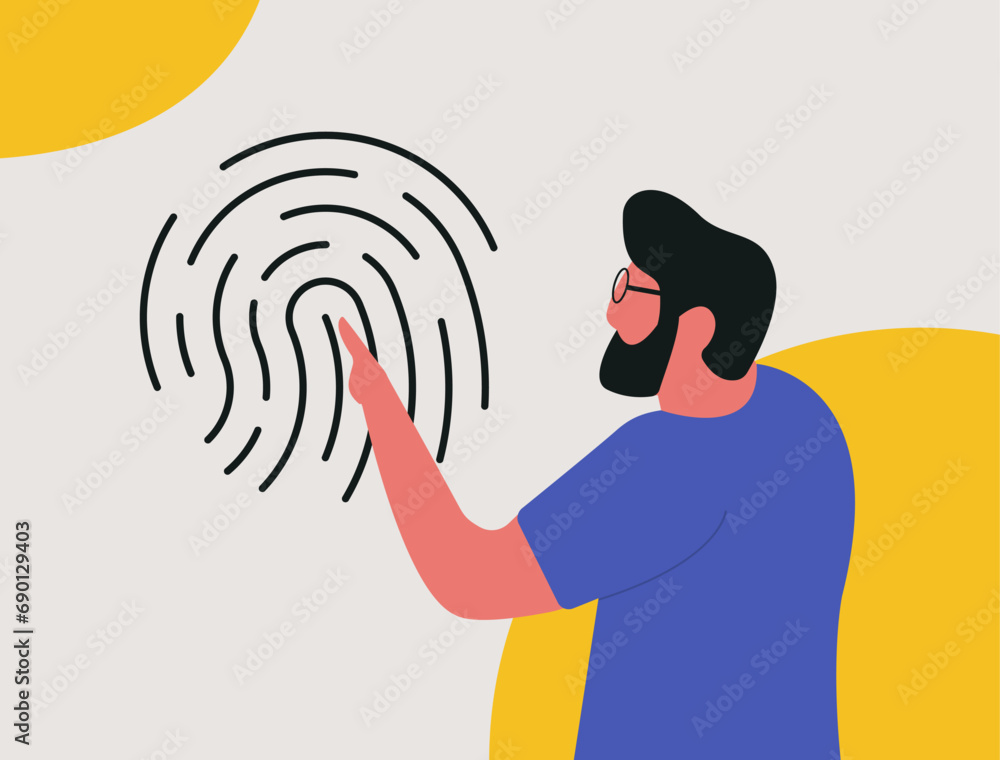 Poster fingerprint biometrics authentication concept. passwordless identity method. character in glasses to