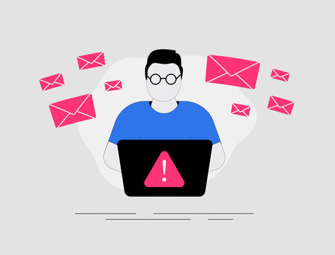 Character overwhelmed by irrelevant spam emails, unwanted notifications and promotional messages. Conveys frustration with excessive advertising spam emails. Vector illustration isolated on white