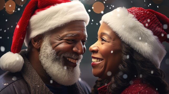 Senior African American couple smiling and wearing Santa hats, looking at camera. Family time Christmas celebration.