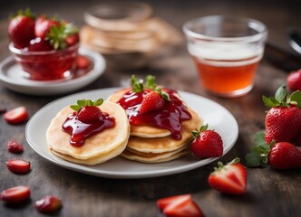 Pancakes with strawberry jam on a wooden table, selective focus - obrazy, fototapety, plakaty