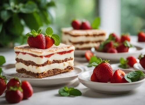 Tiramisu cake with strawberries and mint, selective focus image