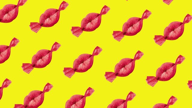 Female lips like candy over bright yellow background. Sweet kisses. Modern colorful design. Stop motion, animation. Concept of creativity, inspiration, surrealism, imagination