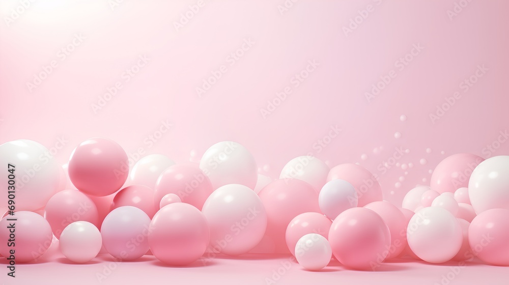 Poster soft pink pastel background, adorned with an array of balls and spheres in varying sizes, showcasing