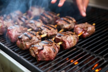 lamb chops on a barbecue grill being checked for doneness