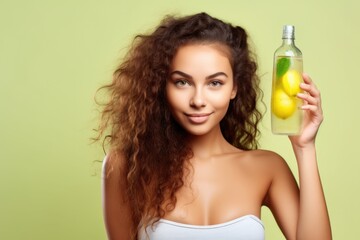 pretty girl with glass bottle of lemon-lime soda