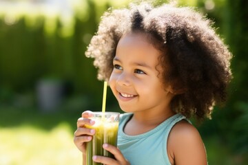 girl sipping lemonade with a straw on a hot day - obrazy, fototapety, plakaty