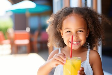 girl sipping lemonade with a straw on a hot day - obrazy, fototapety, plakaty