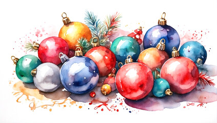 Marry Christmas and Happy New watercolor template. Pine twig, spruce branch, Christmas balls and stars illustration. Happy holidays card design.