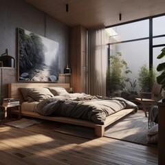 Japandi style bedroom interior in modern house.