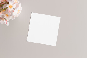 Square invitation card mockup with a oleander on the beige table.