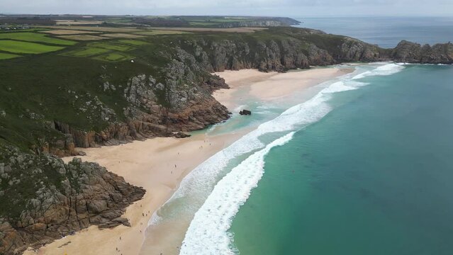 Drone view of Porthcurno Beach in Cornwall, England, United Kingdom
