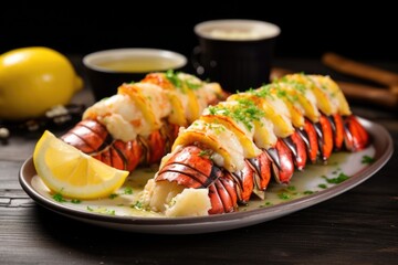 beautifully plated lobster tails with a butter dish