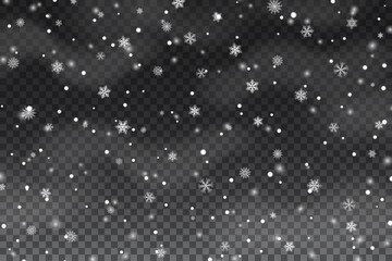 Falling realistic snowflakes on a transparent background for winter decor. Frost storm effect. New Year and Christmas background with snow in the air. Snow wallpaper, decorative element.
