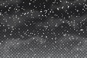 Falling realistic snowflakes on a transparent background for winter decor. Frost storm effect. New Year and Christmas background with snow in the air. Snow wallpaper, decorative element.