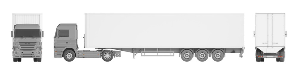 Mock-up of a truck with a semi-trailer on a white background for vehicle branding, corporate identity. Side view, front view, back view. 3d illustration. - obrazy, fototapety, plakaty