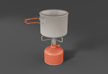 Tourist gas cylinder with a burner and dishes. Minimal style with copy space. 3d illustration.