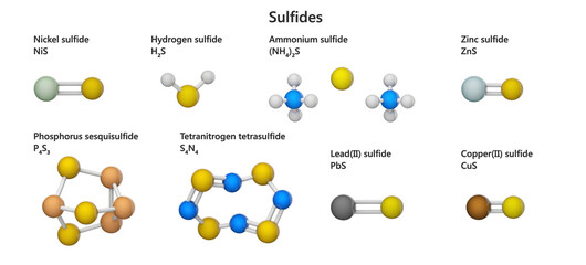 Sulfide (sulphide) is an inorganic anion of sulfur with the chemical formula S2?. Sulfides of nickel, hydrogen, ammonium, zinc, phosphorus, nitrogen, lead and copper. 3d illustration. - obrazy, fototapety, plakaty