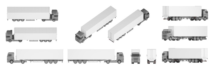 Mock-up of a truck with a semi-trailer on a white background for vehicle branding, corporate identity. The camera is positioned at an angle of 45 degrees to the horizon and at the horizon level. 3d 