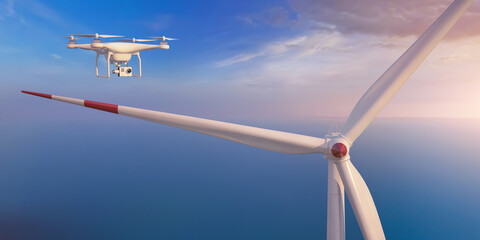 A drone (quadcopter) flying to a wind turbine (wind farm). Suitable for demonstrating the use of drones in the field of renewable energy, inspection and maintenance of wind farms.s 3D Illustration.