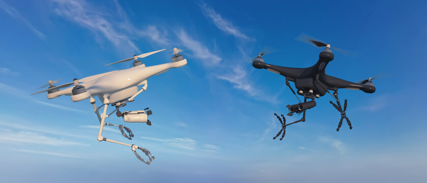 An aerial drone (quadcopter) is a robot character with remote or independent control. Meeting of two different robots in flight. 3d illustration.