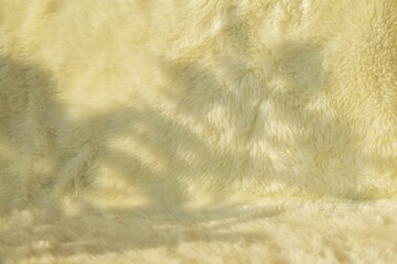 Shadows of sunlight, branches, leaves on a white fur texture background.