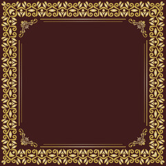 Classic vintage square brown and golden frame with arabesques and orient elements. Abstract ornament with place for text. Vintage pattern