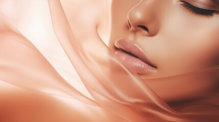 Naklejka premium Beauty close up of woman perfect skin texture on a pastel peach fuzz trend color smooth silk fabric. 