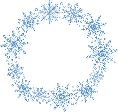 Christmas frame made of blue snowflakes. Vector frame with magical blue snowflakes on a transparent background. Abstract illustration of merry Christmas and New Year holidays.