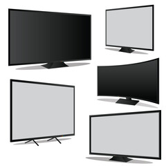 Lcd tv set. LCD TV screen on white background. Flat TV.  Realistic TV screen.  Top, Front, Side view of monitor. Blank television template. Large computer monitor display. Vector Illustration.