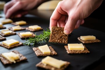 hand garnishing rye crackers with small cheese cubes
