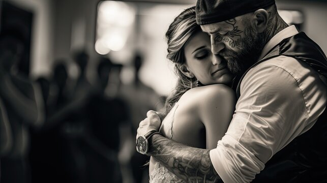 Black and white image of a tender embrace between a tattooed man and a woman, conveying a moment of emotional connection and intimacy.