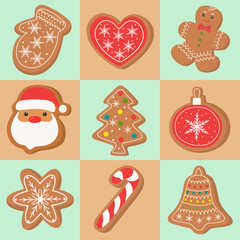 A picture of a ginger cookie.A Christmas cookie print.Christmas background.Traditional cookies.Christmas trees, lollipops, Santa Claus and hearts.For wallpaper, fabric, packaging. Vector illustration