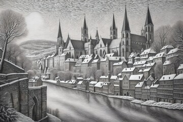 black and white medieval town tapestry pencil drawing, snow, winter, city by the river with fictional  churches,   16th  century