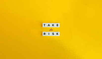 Take the Risk Phrase. Block Letter Tiles and Cursive Text on Yellow Background. Minimalist...
