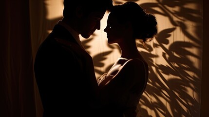 Silhouette of a bride and groom.