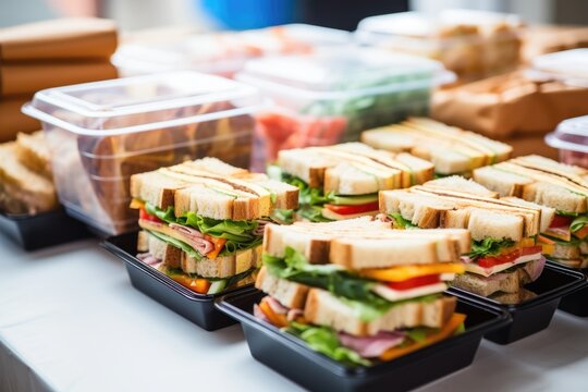 sandwiches in lunchboxes lined up for family outing