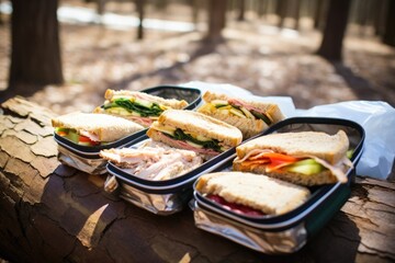 sandwiches lined up in lunchboxes before a hike - obrazy, fototapety, plakaty