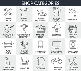 Tools, machines, electronics, household appliances and other categories of the online store. Collection of editable vector linear icons: power tools, clothing, furniture.  - 690133686