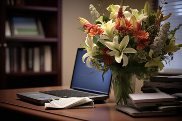  a receptionist's desk at a corporate office, well-organized with appointment books, a computer, and a welcoming floral arrangement, representing the important first point of contact for visitors.