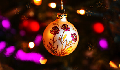 Christmas decorations  on the pine branch  bokeh effekt