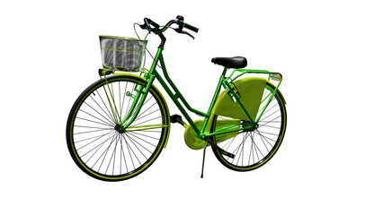 Green bicycle with basket on isolated background, alpha channel, png