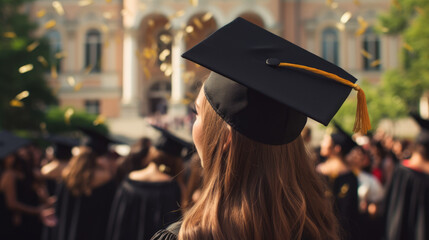 Students celebrate receiving their diplomas at the graduation ceremony. A girl in a graduation hat looks at her fellow students against the backdrop of the university.