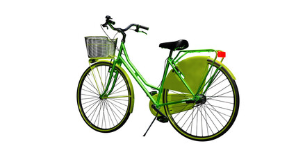 Green bicycle with basket on isolated background, alpha channel, png