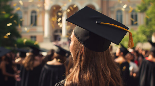 Students celebrate receiving their diplomas at the graduation ceremony. A girl in a graduation hat looks at her fellow students against the backdrop of the university.